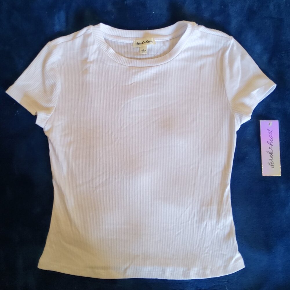 NWT Derek Heart White Ribbed Fitted Short Sleeve Crew Neck Crop Top